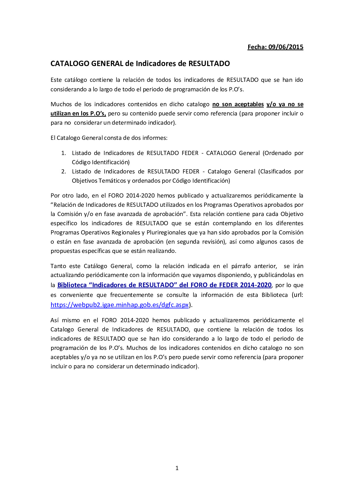 Catalogo General Indicadores Resultado FEDER_2015