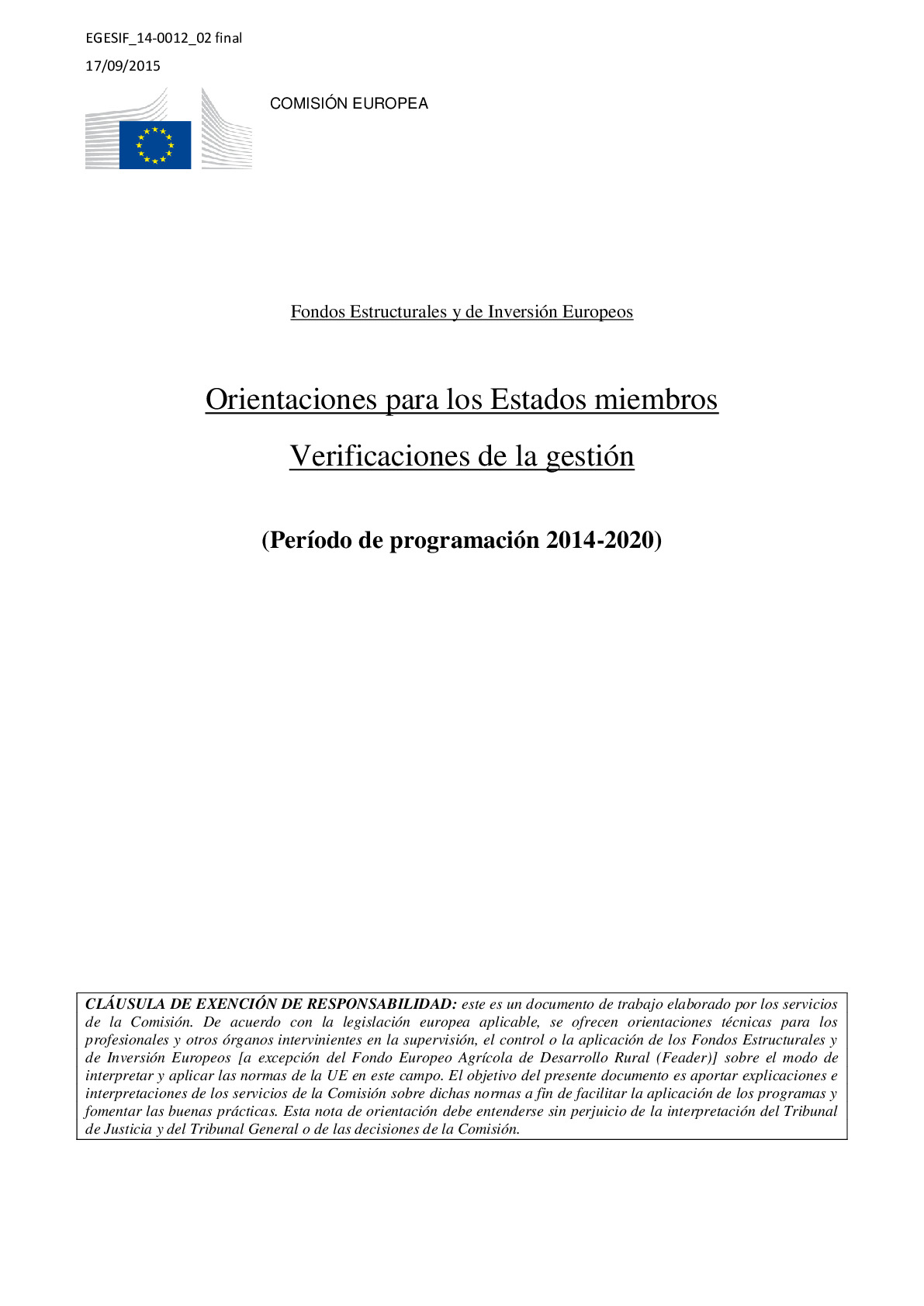 Orientaciones para los Estados Miembros. Verificaciones Gestion FEDER 2014-2020_2015