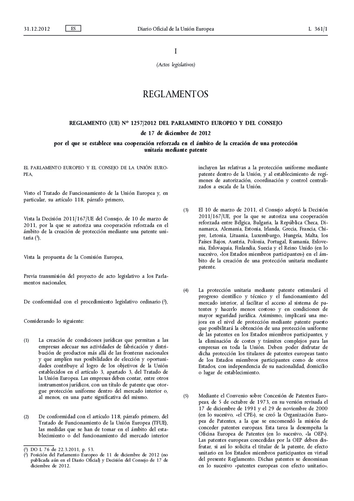 Reglamento 1257_Patente Unica_2012