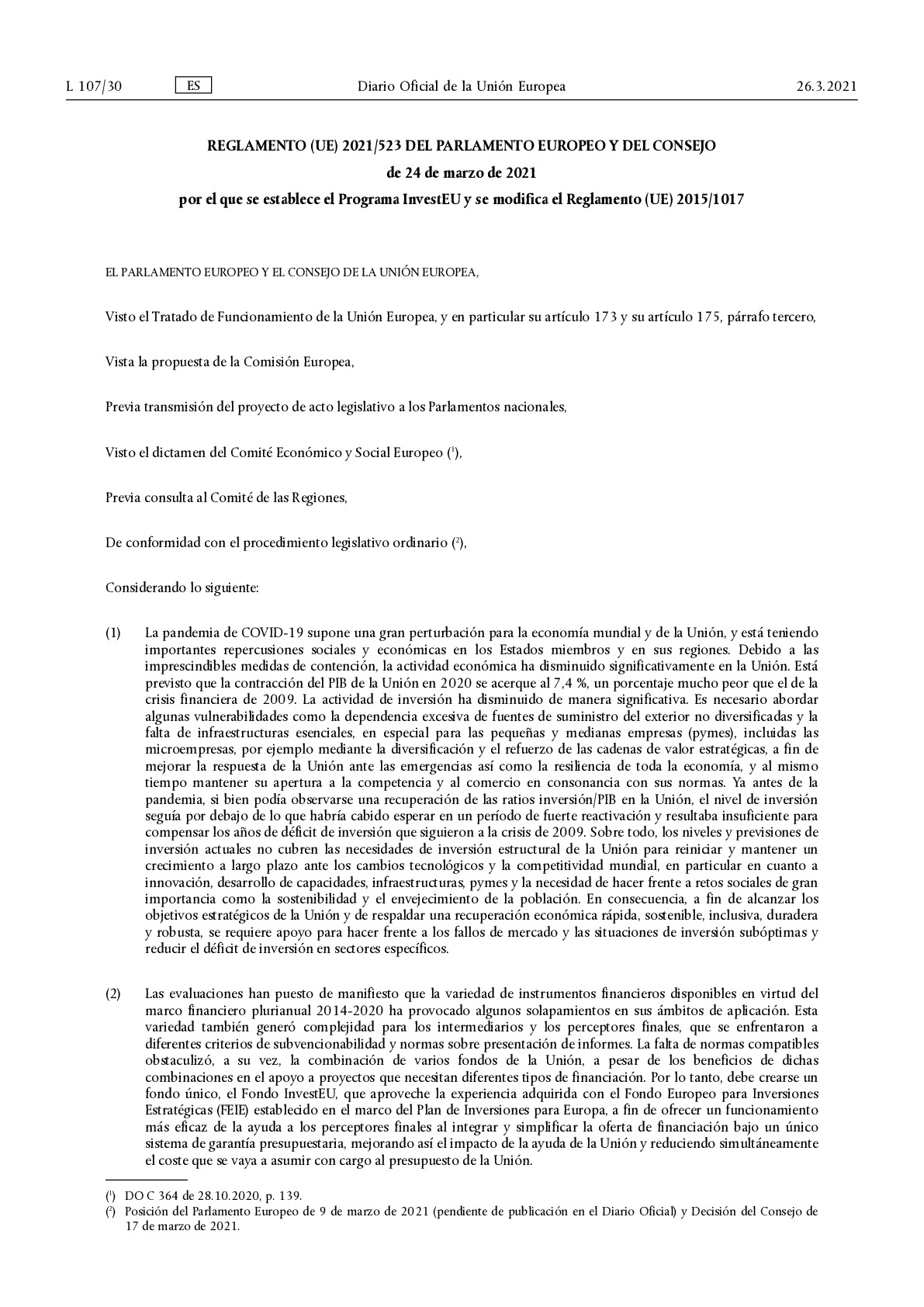 Reglamento 2021-523_ Programa InvestEU