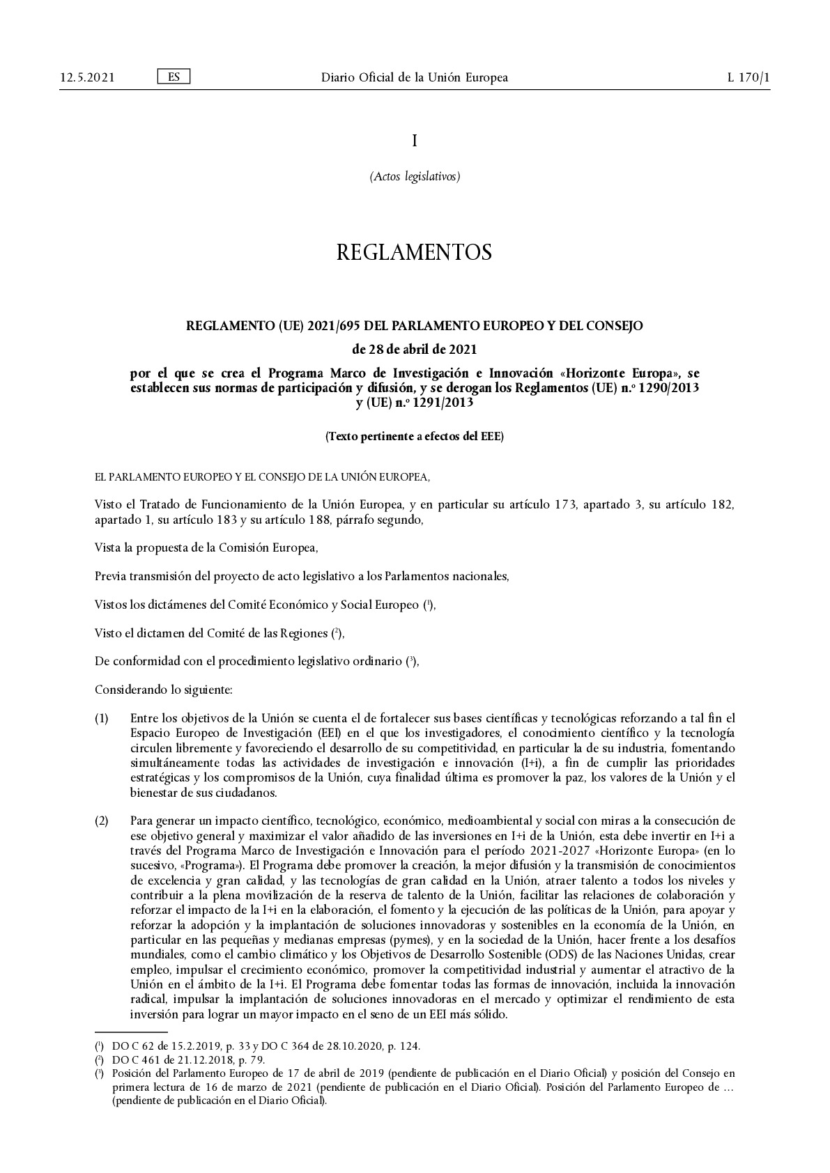 Reglamento 2021-695_Horizonte Europa