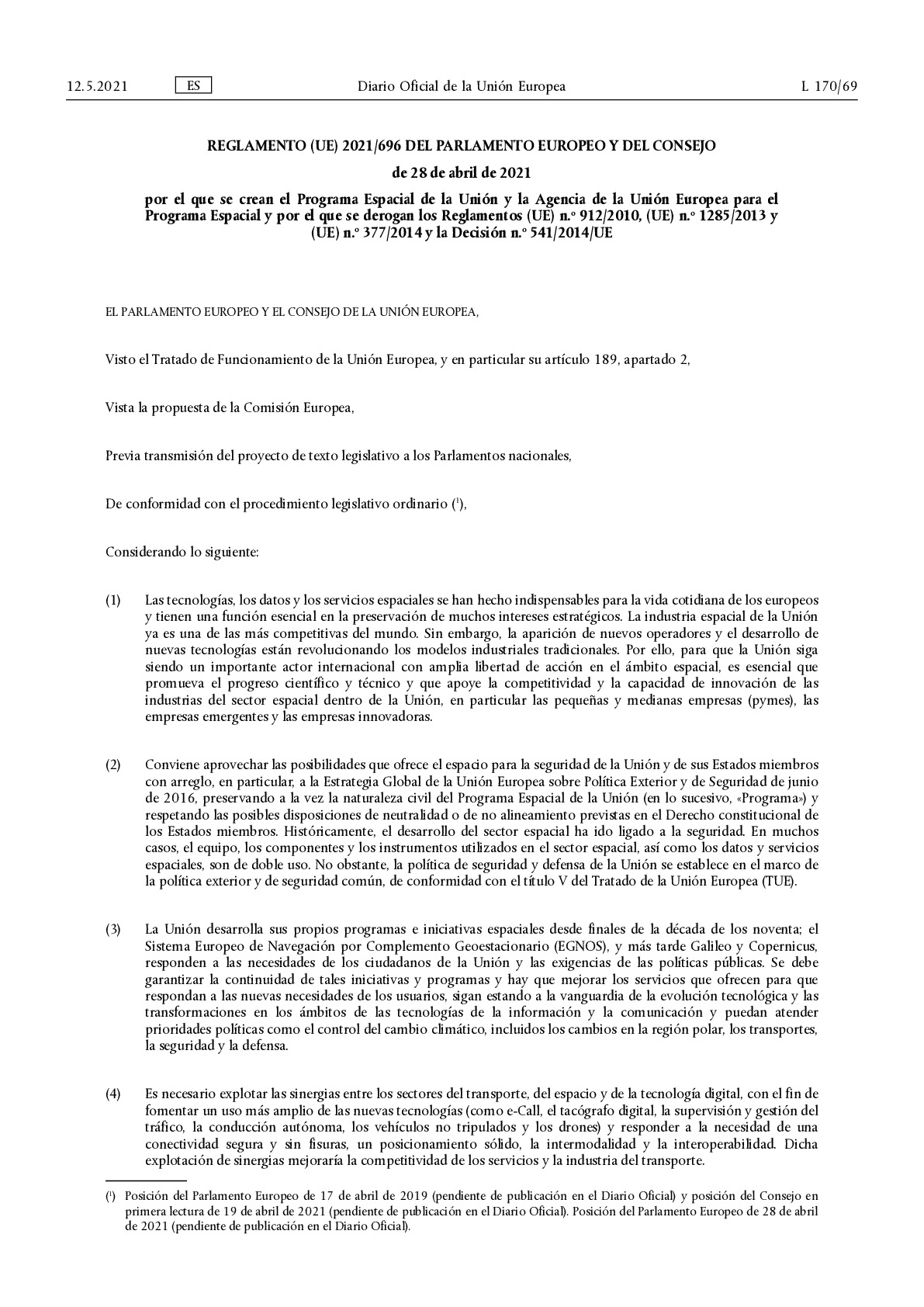 Reglamento 2021-696_Programa Espacial de la Unión