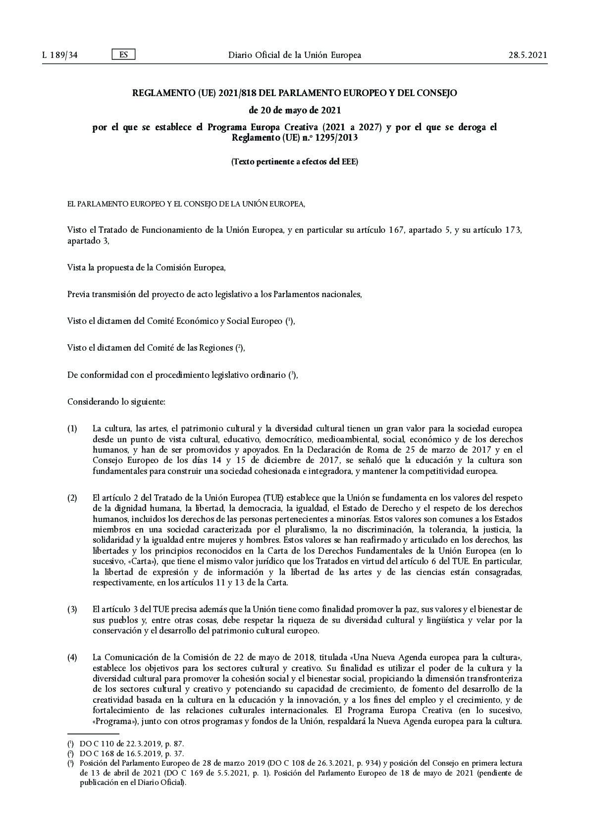 Reglamento 2021-818_Programa Europa Creativa