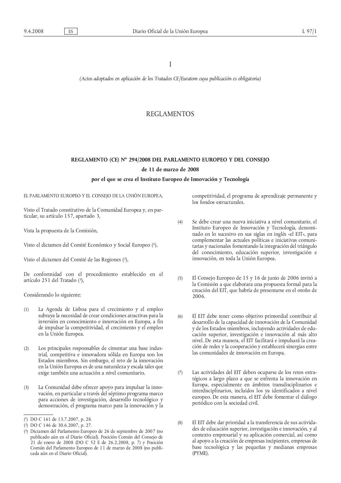 Reglamento 294-2008 Creacion EIT_20080311