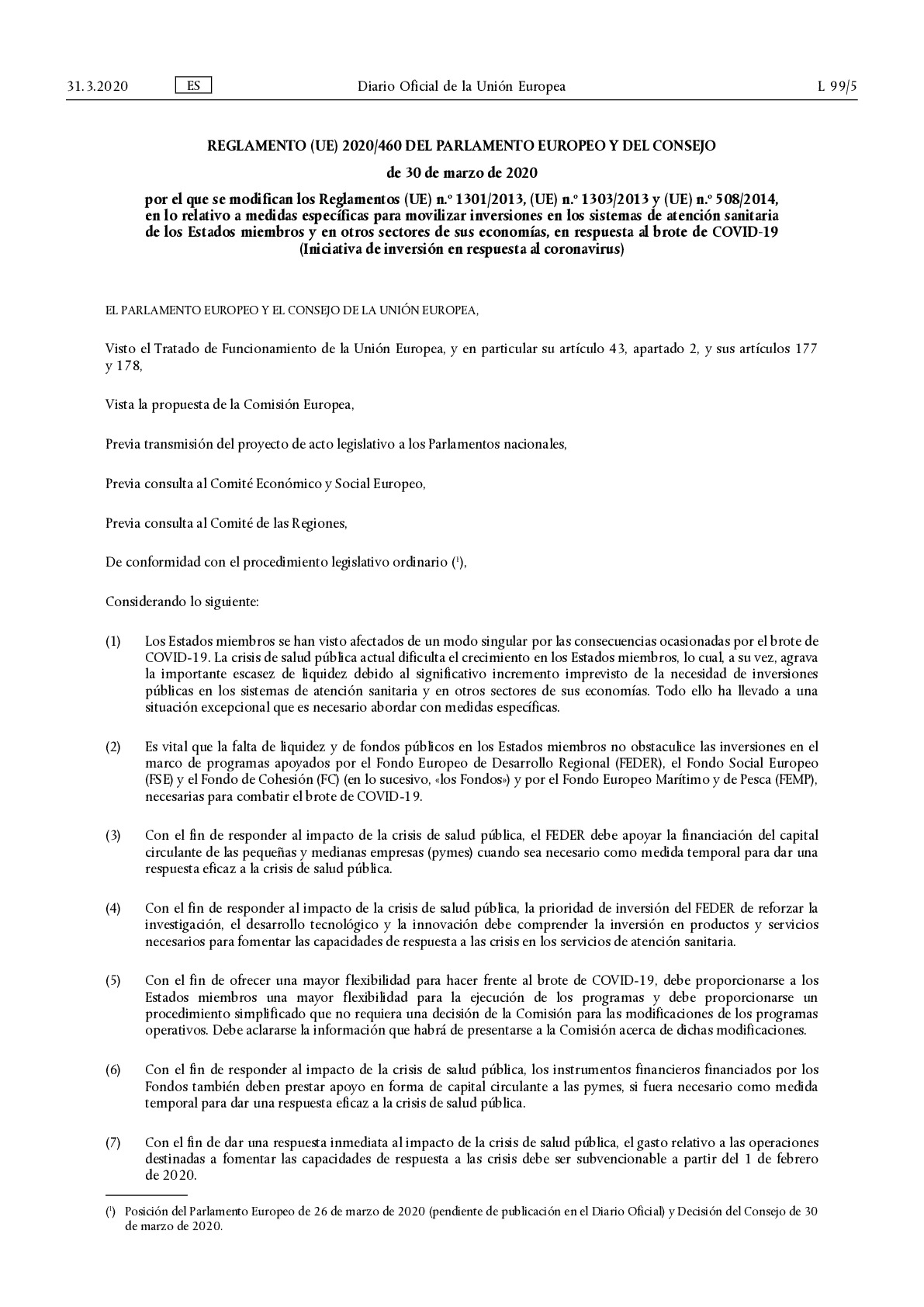 Reglamento_460-2020_Modificacion Reglamentos 1301, 1303 y 508. Iniciativa Inversion Coronavirus